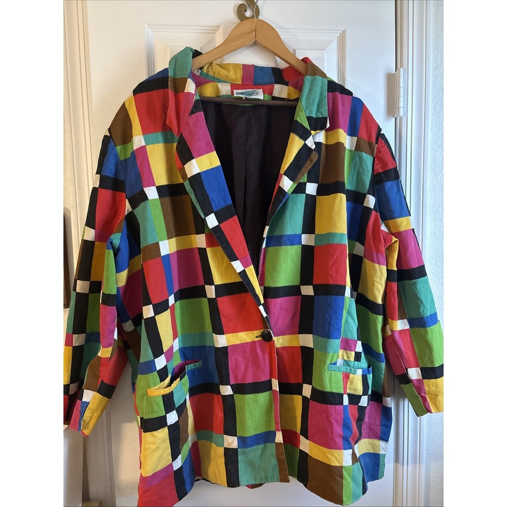 Susan Graver Vintage 80s Color Block Squares Cotton Blazer Multi-Color Large